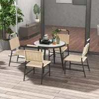 Set da Giardino con Tavolo in Vetro Effetto Marmo e 4 Sedie in Rattan, Colore Cachi
