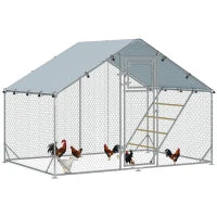 Recinto per Galline da 6m² per 6-8 Animali con Tetto Impermeabile, Mangiatoia e Posatoio, 3x2x1.9m, Argento