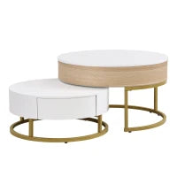 Set di Tavolini da Salotto Sovrapponibili Regolabili in Altezza con Due Cassetti, Design Elegante in MDF, 70x70x42/56,5 + 60x60x24 cm, Bianco