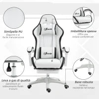 Sedia da Gaming con Altezza Regolabile e Schienale Reclinabile, 65x65x121-129 cm, Bianco e Nero