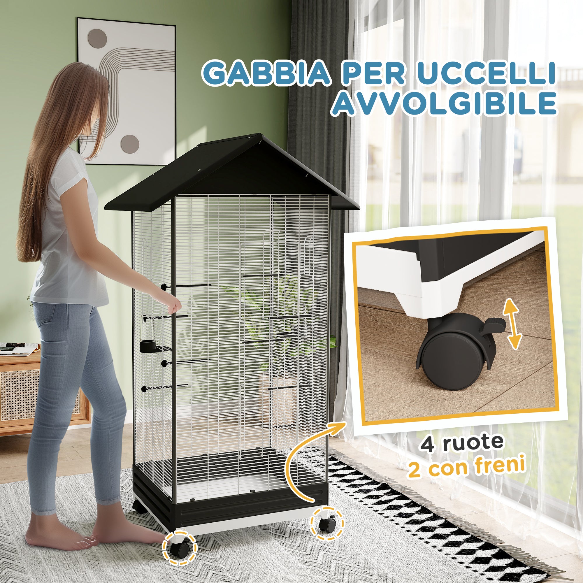 Gabbia per Uccelli Voliera Alta 155 cm con Posatoi e Mangiatoie con Vassoio Estraibile Nero