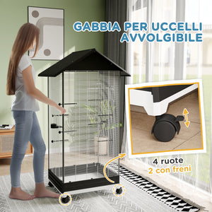 Gabbia per Uccelli Voliera Alta 155 cm con Posatoi e Mangiatoie con Vassoio Estraibile Nero