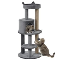 Albero Tiragraffi per 1-2 Gatti di 4.5kg, Palestra Castello per Gatti con 3 Livelli, Cuccia, Lettino e Palo in Corda Sisal, Grigio 48x48x104cm
