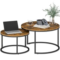 Set di 2 tavolini bassi componibili dal design industriale, piano effetto legno rustico e gambe in metallo, Marrone