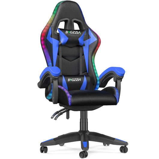 Sedia Gaming RGB LED - RATTANTREE - Sedia poltrona da gaming per ufficio videogiochi reclinabile - sedia gaming ergonomica in Pelle Pu - con Poggiatesta - Blu