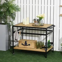 Carrello da Giardino per Barbecue con 2 Ripiani e 3 Ganci in Legno e Metallo, 107 x 65 x 80 cm, Nero e Color Naturale