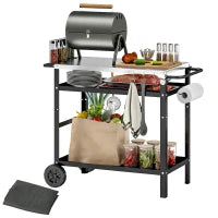 Carrello per Barbecue con Piano in Acciaio e Ripiano Regolabile, Ruote e Ganci, 100x52x80 cm, Nero