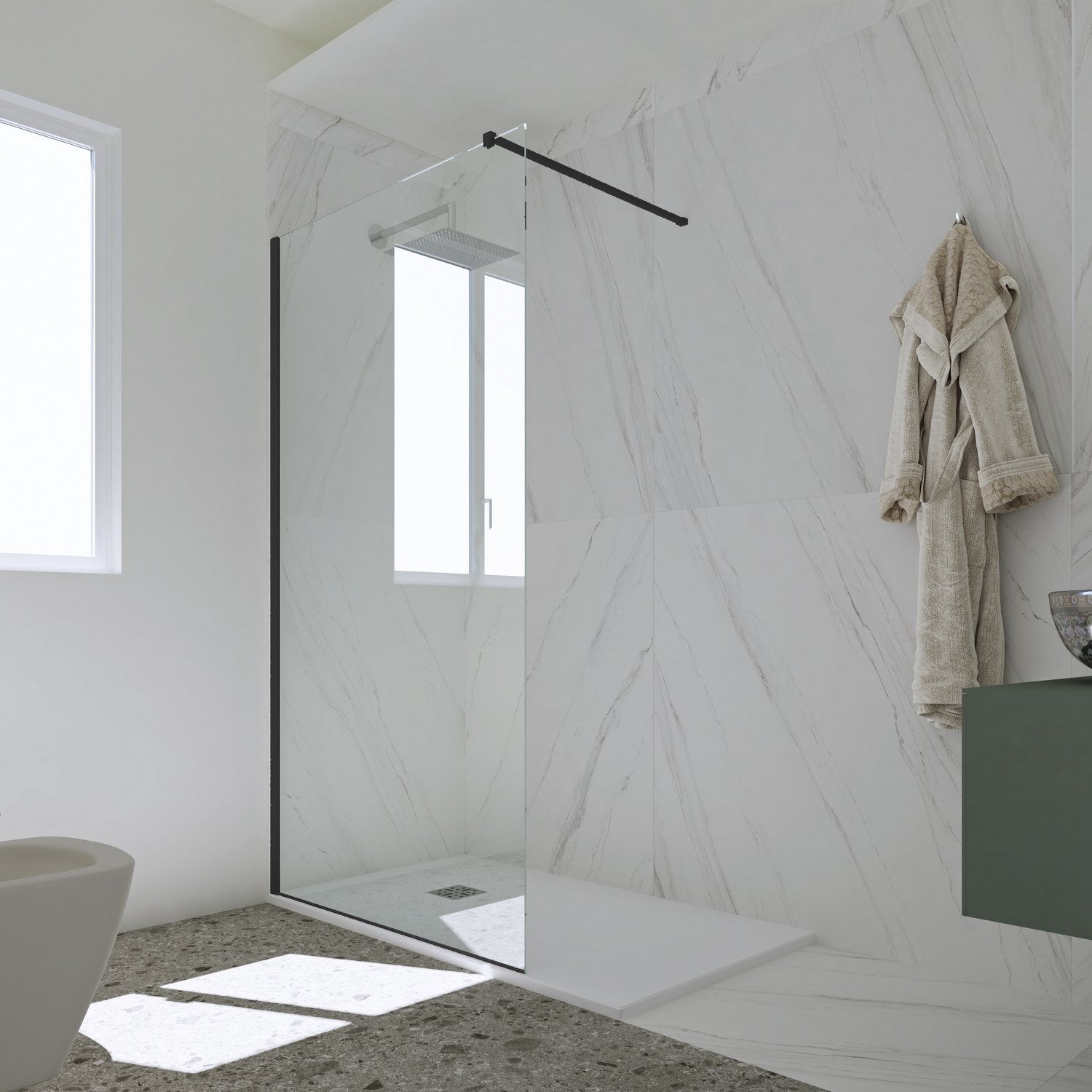 Parete doccia Walk-in da 120 CM H 200 Vetro Trasparente Profilo Nero Matt in pvc mod. Kolors