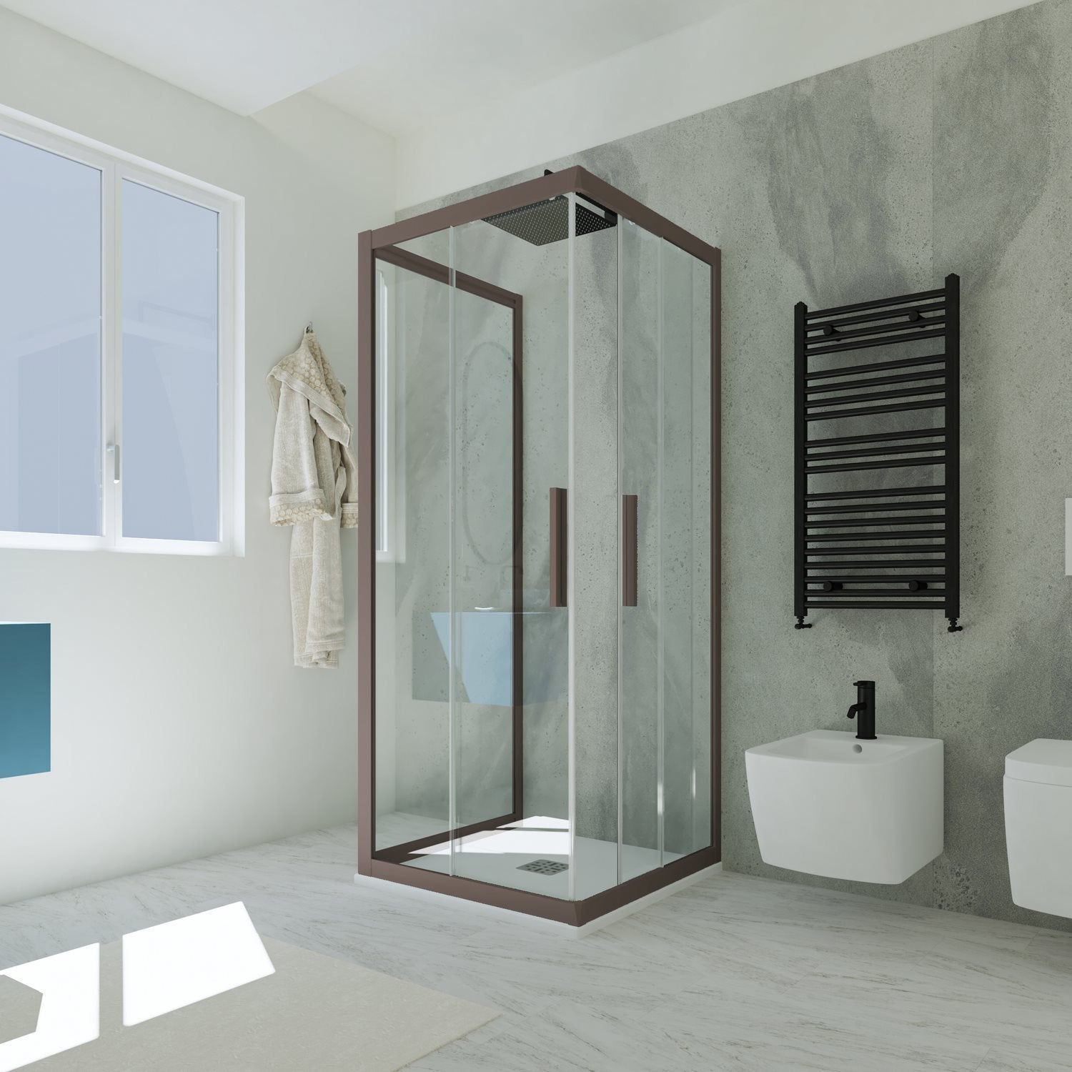 Box doccia 3 lati scorrevole 80x100x80 CM H 200 Vetro Trasparente Profilo Chocolate mod. Kolors Trio