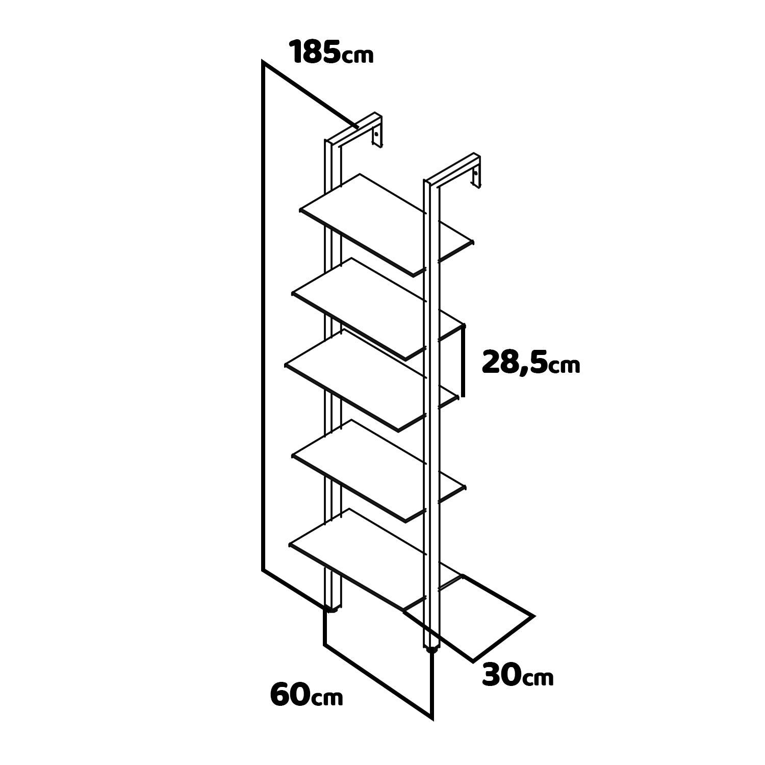 Komo - Libreria a muro con 5 ripiani in stile industriale, 60x30xH185 cm