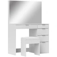 Set Tavolo da Trucco con Specchio e 5 Cassetti 97.2x44.5x136.5 cm e Sgabello Imbottito 40x24x46 cm, Bianco