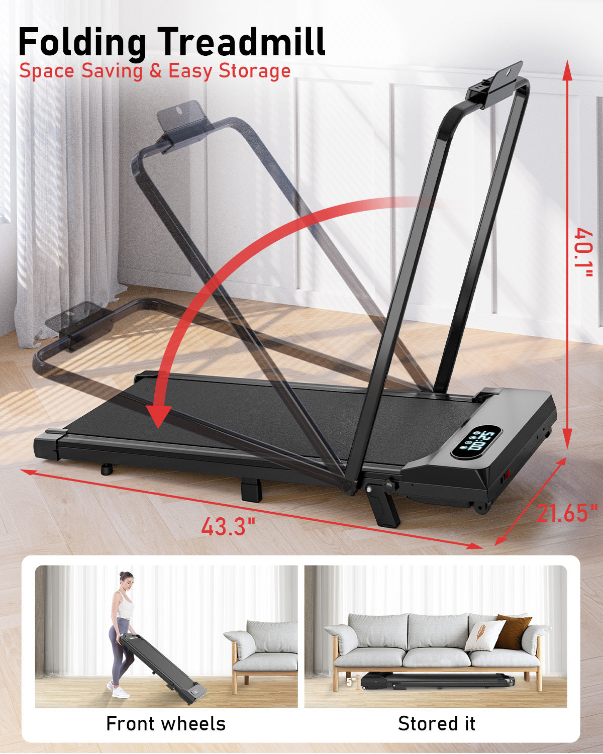 Tapis Roulant Elettrico Pieghevole 1-8 km/h - RATTANTREE - con Inclinazione, Display a LED, Supporto per App e Tablet - Portante 145kg - Nero