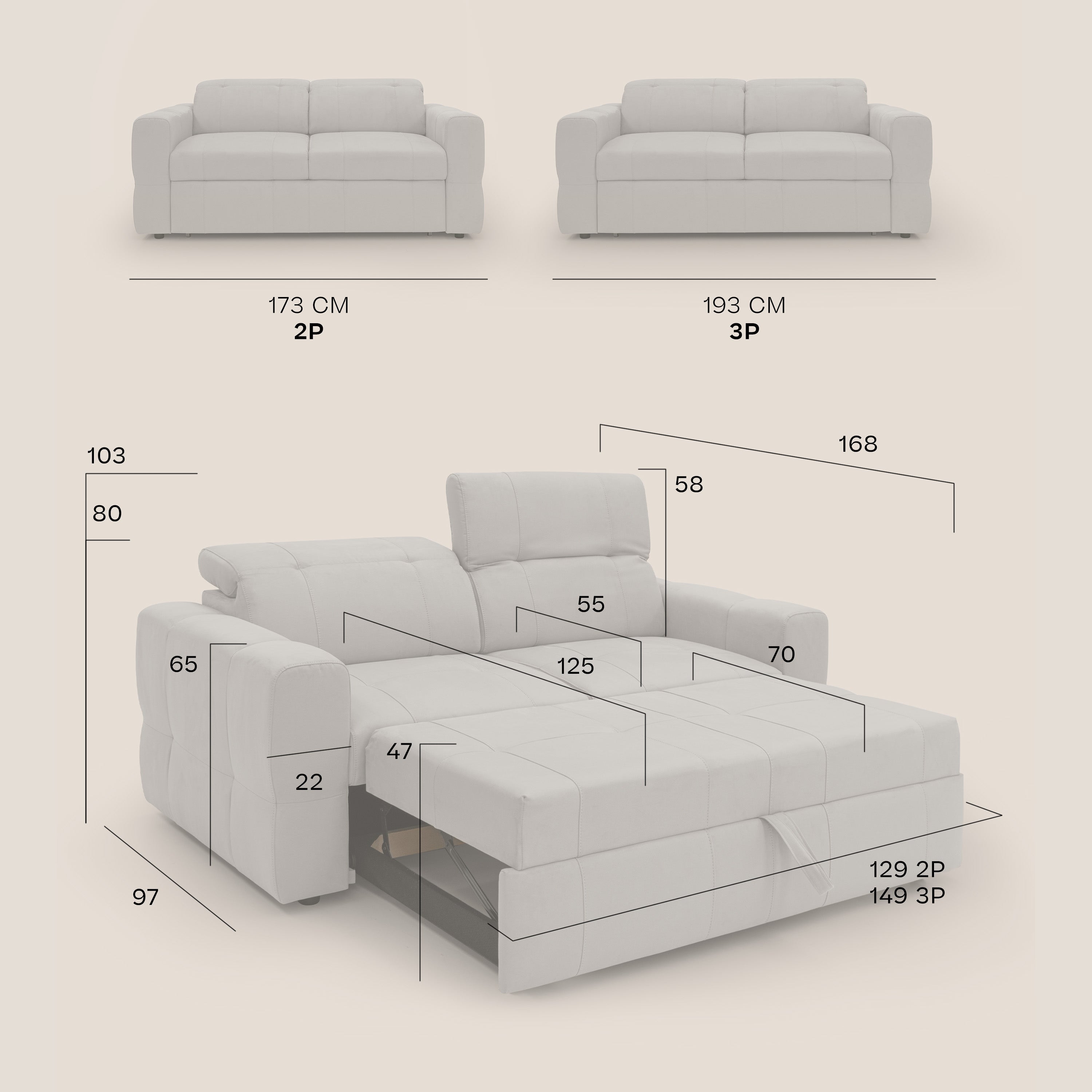 Kronos Divano con estraibile e poggiatesta reclinabili in morbida microfibra impermeabile T11 193 cm carta da zucchero