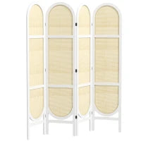 Paravento Interno in Legno da 4 Pannelli 170 x 160 cm Pieghevole e Portatile, Motivo Intrecciato a Mano, Bianco