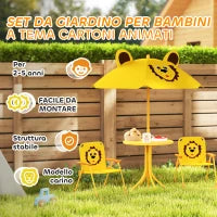 Set da Giardino per Bambini 2-5 Anni con Tavolino Rotondo, 2 Sedie Pieghevoli e un Ombrellone, Giallo
