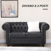 Divano 2 Posti in Stile Chesterfield in Pelle PU con Cuscino Rimovibile, 160x84x80 cm, Nero