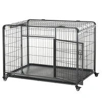 Kennel Gabbia per Cani Pieghevole a Doppia Porta con Blocco, Box per Cani con 4 Ruote con Freno e Fondo Rimovibile, 125x76x81cm, Grigio Scuro