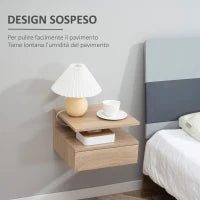 Set da 2 Comodini Moderni Sospesi con Cassetto e Ripiano in Legno 35x32x22.5cm, Rovere