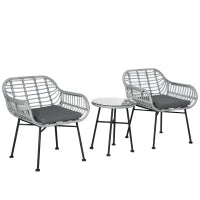 Set Mobili da Giardino in Rattan PE con 2 Sedie e Tavolino con Ripiano in Vetro, Grigio
