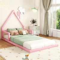 Letto per Bambini 4+ Anni a Forma di Casa, Senza Materasso, 90x200 cm, Rosa