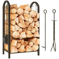 Portalegna per interni a 2 Livelli, con 4 Attrezzi per Camino e Ganci, 43x30x74 cm, Marrone