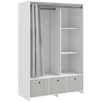Armadio Guardaroba con Barra Appendiabiti, 3 Cassetti in Tessuto e 3 Ripiani, 105x48x160 cm, Bianco e Grigio