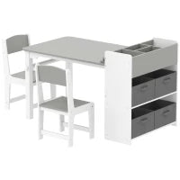 Set Tavolo e Sedie per Bambini con 2 Sedie e Tavolino Contenitore, in Legno e Tessuto non Tessuto, Grigio e Bianco