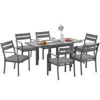 Set da Giardino con Tavolo Allungabile e 6 Sedie Impilabili con Cuscini, Grigio