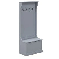 Mobile Appendiabiti 3 in 1 con 4 Ganci e Panca Contenitore, in Legno, 71.5x39.5x170 cm, Grigio