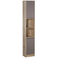 Mobiletto Salvaspazio per Bagno in Legno, Mobile da Bagno con 2 Armadietti e Ripiani Regolabili, Design a Colonna, 30x24x170 cm, Grigio e Rovere