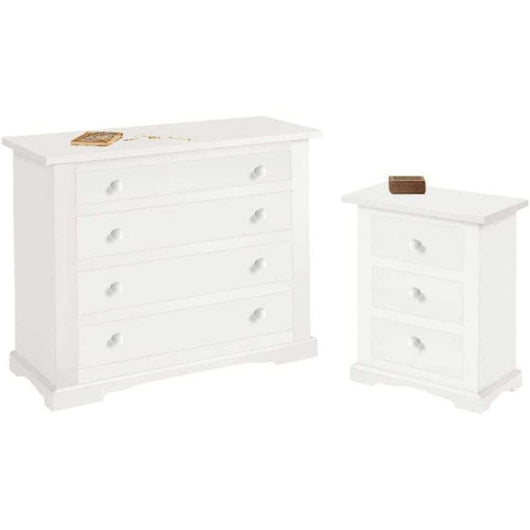 Como 3 cassetti 115x50x90H e 2 comodini con 3 cassetti 60x35x70H arte povera in legno massello e mdf con rifinitura in bianco