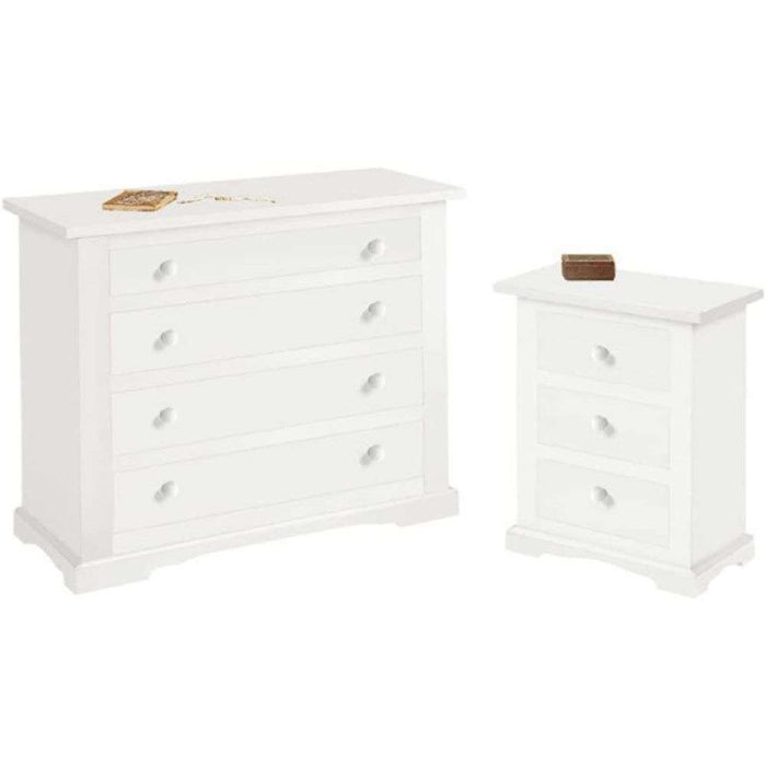 Como 3 cassetti 115x50x90H e 2 comodini con 3 cassetti 60x35x70H arte povera in legno massello e mdf con rifinitura in bianco
