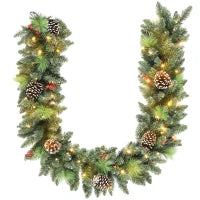 Ghirlanda Natalizia 180 cm con Rami Innevati e 30 Luci Bianche, Pigne e Bacche per Interni