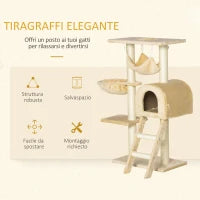 Tiragraffi per Gatti Multilivello con Amaca e Casetta, Corde in Sisal Naturale, 55×30×100cm
