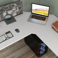 Scrivania Angolare a L con Piedini Regolabili, in Legno e Acciaio, 150x150x76 cm, Bianca