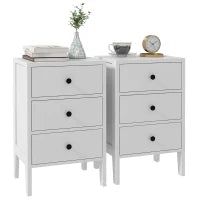 Set Di 2 Tavolini Comodino, Tavolini D'Appoggio, 3 Cassetti Per Camera In Legno 40L x 30l x 64H cm Bianco