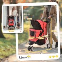 Passeggino per Cani Piccoli Pieghevole, Carrozzina per Cani con Ruote con Freni, Portabicchieri, Cestino Portaoggetti e Imbottitura Rimovibile e Lavabile, per Animali Domestici 10 kg, Rosso