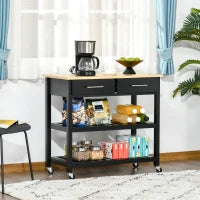 Carrello da Cucina con Ruote, 2 Ripiani, 2 Cassetti, Nero e Legno Naturale