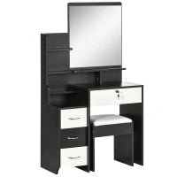 Set Da Toeletta Tavolo Da Trucco Con Sgabello Imbottito Grande Specchio + Più Ripiani Aperti + 4 Cassetti Nero Bianco