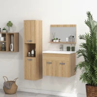 kleankin Set di Mobili per il Bagno Armadietto Specchiera, Mobile Sottolavabo Sospeso con Lavabo, Colonna, Naturale