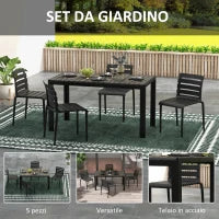 Set da Giardino con Tavolo e 4 Sedie Impilabili in Acciaio e Doghe in Plastica, Nero