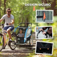 Rimorchio Bici per Bambini e Passeggino 2 in 1 con Cintura,  Tasche e Bandierina, Blu