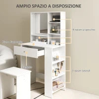 Set Toeletta da Trucco con Tavolino e Sgabello, Specchio e Ripiani in Legno, Bianco