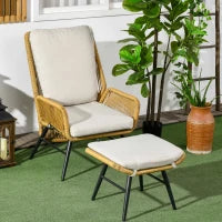 Poltrona da giardino con poggiapiedi in rattan PE, schienale inclinabile e cuscini, design bohémien