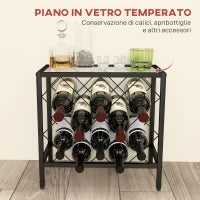 Portabottiglie Vini per 10 Bottiglie in Acciaio Nero con Piano d'Appoggio in Vetro Temperato, 41x22x41 cm