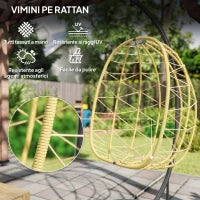 Poltrona Sospesa e Pieghevole con Cuscini, in Acciaio e Rattan PE, 102x102x195 cm, Nera Grigia e Beige