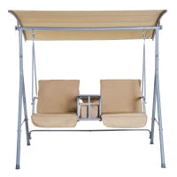Dondolo da Giardino 2 Posti Separati con Tavolino e Tetto Regolabile, in Metallo 175x112x165cm Beige
