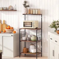 Ripiano da Cucina a 4 livelli, con Piano di Lavoro e 8 Ganci, Marrone e Nero