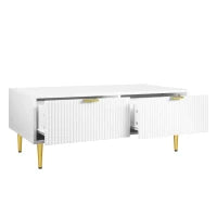 Tavolino da Salotto Moderno con 2 Cassetti e Design a Righe Verticali, 100x50x40 cm - Tavolino da Divano, Bianco+Oro