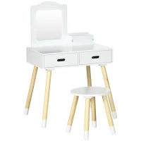 Set Toeletta per Bambini con Tavolo Trucco e Sgabello, Specchio e 2 Cassetti, Bianco e Colore Legno